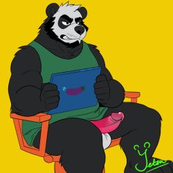 1:1 anthro balls bear black_body bodily_fluids bottomless bottomless_anthro bottomless_male chair clothed clothing digital_media_(artwork) erection fur furniture genital_fluids genitals giant_panda hi_res holding_object holding_tablet humanoid_genitalia humanoid_penis male mammal overweight penis precum shirt simple_background sitting solo tablet topwear yetsu yetsupanda