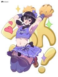 2d 2d_(artwork) 2d_artwork armpits arms_up belly_button black_hair black_tail bunnewo bunnewo_nique bunny_boy cheering cheerleader crop_top eyeshadow femboy glasses jumping legs_up midriff original original_character purple_eyes shy small_tail sweat sweatdrop sweating sweaty tail thick_thighs thighhighs thighs thong