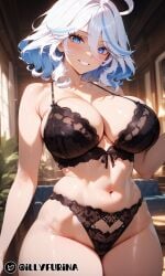 1girls ai_generated bangs bangs_over_eyes big_breasts black_bra black_lingerie black_panties blue_eyes blue_hair bra breasts curvy curvy_figure female female_focus female_only flushed flushed_face flustered furina_(genshin_impact) genshin_impact huge_breasts huge_thighs illyfurina lace_lingerie lingerie milf mouth navel nose nose_blush pale-skinned_female pale_skin panties seductive seductive_body seductive_eyes seductive_look seductive_mouth seductive_pose seductive_smile semi-naked semi-nudity sensual smile smiling smiling_at_viewer taller_girl thick_thighs thighs waist woman_focus woman_only