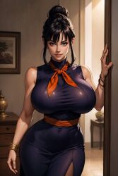 ai_generated big_breasts black_hair breasts breasts_bigger_than_head chichi dragon_ball dragon_ball_z dress hips lunerae mature_female milf seductive seductive_look seductive_pose thick_thighs thighs tight_dress white_skin wide_hips yellow_eyes