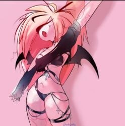 bat_wings cherri_bomb_(hazbin_hotel) cyclops demon demon_girl eye_closed fluffy_hair goth goth_girl hazbin_hotel one_eye pale-skinned_female pale_skin pink_hair stretching thick_thighs vivienne_medrano vivziepop