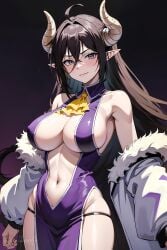 ai_generated bare_shoulders breasts brown_hair cleavage demon_girl demon_horns dress female_only horns isekai_one_turn_kill_neesan:_ane_douhan_no_isekai_seikatsu_hajimemashita kilmaria large_breasts long_hair navel revealing_clothes smile solo stable_diffusion