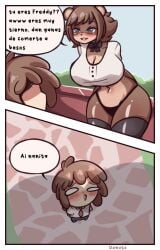 big_ass big_breasts breasts brown_hair crossover el_donutz_karnal fhs fhsz3r0 fnafhs fnafhs_z3ro fnafhsrule34 freddy_(fnafhs) fredina's_nightclub fredina_(cally3d) furry school_uniform smaller_male spanish_text taller_female