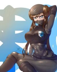 1girls belt black_vest blue_eyes bodysuit boots breasts brown_hair corruption double_bun enemy_conversion gloves grey_bodysuit hairbun hat large_breasts looking_at_viewer mask mouth_mask nintendo pokemon pokemon_bw pokemon_bw2 rosa_(pokemon) simplyseed team_plasma team_plasma_uniform twintails vest