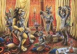 antelope anthro balls feline furry furry_only gazelle harem harp kirsch lion male male_only mammal multiple_males musical_instrument torch traditional_media_(artwork) yaoi