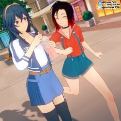 2girls alternate_costume bare_arms bare_legs bare_midriff bare_thighs bench black_choker black_hair blue_eyes blue_hair blush brand_of_the_exalt bush choker closed_eyes collarbone contemporary crossover drink eastern_and_western_character fefreak726 female female_only fire_emblem fire_emblem_awakening garter_straps grin hair_between_eyes holding holding_drink indoors jacket legs locked_arms long_hair long_sleeves lucina_(fire_emblem) mall medium_breasts midriff midriff_baring_shirt modern_au multicolored_hair multiple_girls nail_polish nintendo open_clothes open_jacket pink_nails red_hair ruby_rose rwby shirt shopping short_hair shorts skirt small_breasts smile suspenders symbol-shaped_pupils thighhighs thighs tiara walking yuri