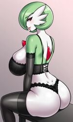 1girl ai_generated armwear ass ass_focus ass_grab black_armwear black_legwear black_lingerie black_thighhighs female female_only gardevoir giant_breasts legwear lingerie pixai pokemon pokemon_(species) thighhighs