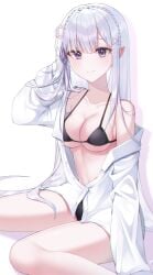 armpit_crease bare_legs bare_shoulders bare_thighs big_breasts bikini bikini_under_clothes black_bikini blush braided_hair breasts cleavage closed_mouth collarbone elf emilia_(re:zero) long_hair long_sleeves micro_bikini nea_(nea77) off_shoulder open_shirt pointy_ears purple_eyes re:zero_kara_hajimeru_isekai_seikatsu shirt sideboob sitting smile thighs underboob wariza white_hair white_shirt yeorem