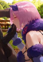 ai_generated anal big_ass big_breasts blowjob blowjob_face cumming dark-skinned_male doggy_style fate/grand_order fate_(series) female male mash_kyrielight mikayori purple_eyes purple_hair short_hair straight