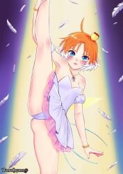 1girl armband artist_name ballerina ballet blue_eyes blush bracelet cameltoe collarbone coronet crotch feather_hair_ornament feathers headdress legs leotard_peek light_smile lips looking_at_viewer necklace orange_hair pendant princess_tutu princess_tutu_(character) rosalhymn short_hair small_breasts spotlight spread_legs standing_split strapless thighs tutu upskirt