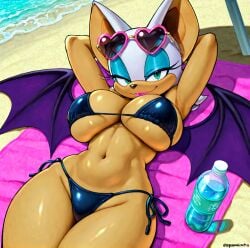 ai_generated aqua_eyes batwings beach bikini black_bikini eyeshadow furry furry_female heart_shaped_sunglasses large_breasts looking_at_viewer makeup mobian_(species) navel rouge_the_bat sonic_(series) sonic_the_hedgehog_(series) stable_diffusion sunglasses sunglasses_on_head