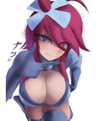 1girls blue_eyes breasts cleavage creatures_(company) game_freak gloves large_breasts long_hair looking_at_viewer naxless nintendo pokemon pokemon_bw red_hair skyla_(pokemon) white_background