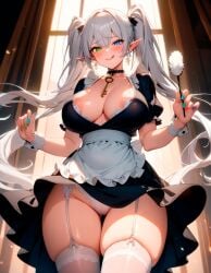 adorable ai_generated areolae aroused big_breasts blue_eyes blush brat breasts cleavage curvy curvy_body curvy_female curvy_figure curvy_hips cute elf elf_ears flashing from_below garter_straps green_eyes heterochromia horny licking_lips long_hair lux_(starlightnex) maid maid_uniform nipple_bulge nipples nipples_visible_through_clothing original original_character panties pointy_ears smug starlightnex stockings thick_hips thick_legs thick_thighs twintails white_hair wholesome