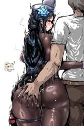 1boy 2girls ? arm_around_waist ass ass_focus ass_grab black_hair blush bodystocking bodysuit braided_hair commander_(nikke) flower flower_in_hair geist43195783 goddess_of_victory:_nikke guillotine_(nikke) guillotine_(winter_slayer)_(nikke) hair_ornament huge_ass long_hair looking_back maiden_(ice_rose)_(nikke) maiden_(nikke) muscular_male official_alternate_costume priestess red_eyes rose_(flower) sidelocks simple_background sweat thigh_gap thighs white_background