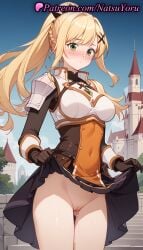 1girls ai_generated anime anime_style armor ass_visible_through_thighs bangs black_gloves black_skirt blonde_hair blue_sky blush boobplate bow braid breastplate breasts brown_gloves bust busty cleft_of_venus closed_mouth clothes_lift covered_navel cowboy_shot crown_braid darkness_(konosuba) day dress dress_lift exhibitionism female female_focus female_only gloves green_eyes hair_ornament hairbow kono_subarashii_sekai_ni_shukufuku_wo! lifted_by_self long_hair long_sleeves looking_at_viewer medium_breasts natsuyoru no_panties nopan outdoors paipan pauldrons pleated_skirt ponytail public_indecency pussy pussy_juice pussy_juice_trail shoulder_armor sidelocks skirt skirt_lift sky smile solo solo_female standing thigh_gap thighs uncensored vagina voluptuous voluptuous_female x_hair_ornament