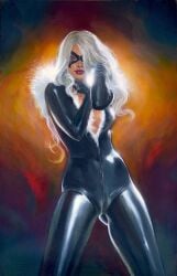 1girls black_cat_(marvel) bodysuit cameltoe cleavage color colored erect_nipples felicia_hardy female female_only mark_beachum marvel marvel_comics nipple_bulge painting_(artwork) skin_tight skintight solo solo_female spider-man_(series) traditional_media_(artwork) white_hair