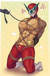 abs big_chest bondage brawlhalla chest_scar collar cum cum_on_body cum_on_breasts cum_on_chest cum_on_face male mask masked_male red_raptor red_raptor_(brawlhalla) scars scars_on_chest shibari_over_clothes simple_background sweat sweaty_body tied_arms tied_up toldohorny