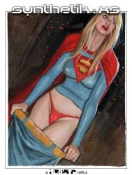 1girls blonde_hair cameltoe dc_comics female female_only mark_beachum panties pubic_hair pubic_hair_peek solo solo_female supergirl traditional_media_(artwork) undressing