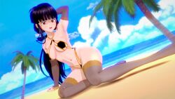 1girls 3d 3d_model anime beach bikini black_and_yellow_bikini black_hair black_stockings breasts brown_eyes female inuyasha kikyo koikatsu laying_down lingerie looking_at_viewer lying_down lying_on_side naughty navel open_mouth pose smile solo stockings tease teasing yellow_bikini