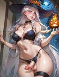 1futa ai_generated big_breasts big_penis dickgirl erection esendor futanari halloween shiny_skin solo stable_diffusion thick voluptuous_futanari witch witch_hat