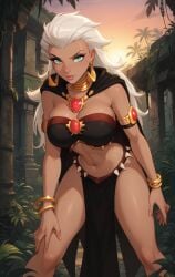 african african_female ai_generated black_topwear blue_eyes breasts cape dark-skinned_female dark_skin disney golden_accessories jungle loincloth midriff pelvic_curtain queen queen_la revealing_clothes revealing_outfit solo_female the_legend_of_tarzan thighs villainess white_hair