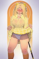 blonde_female blonde_hair blush embarrassed flashing flashing_panties heather_mcnamara heathers_musical jewelry lace lifting_skirt lingerie panties pearl_necklace r4stishk4