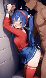 1boy1girl against_wall ai_generated blue_hair miside mita_(miside) penetration skirt surprised