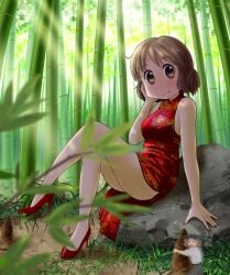 adorable ass bamboo_forest bamboo_shoot bare_arms bare_legs bare_shoulders bare_thighs bob_cut brown_hair chinese_clothes chinese_dress cute cute_face dress female female_focus female_only fully_clothed high_heels legs light-skinned_female light_brown_hair medium_breasts minidress nature nature_background nichijou outdoors outside red_dress sakurai_izumi short_dress short_hair short_skirt sitting smile smiling_at_viewer solo solo_female solo_focus teacher thighs