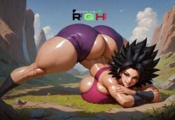 ai_generated bubble_butt butt_crack caulifla clothes_too_small dragon_ball dragon_ball_super gigantic_ass gigantic_breasts huge_ass huge_breasts muscular_female realgreenheart saiyan spread_legs stretching tagme thick_thighs