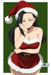 1girls big_breasts black_eyes black_hair breasts closed_mouth female female_focus female_only long_hair looking_at_viewer momo_yaoyorozu my_hero_academia santa_costume santa_hat solo solo_female solo_focus sweat thick_thighs tsuranukko