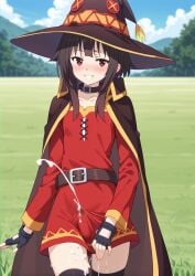 1futa ai_generated black_hair blush bulge clothed cock cum cumshot dickgirl erection futa_only futanari huge_cock kono_subarashii_sekai_ni_shukufuku_wo! light-skinned_futanari light_skin looking_at_viewer megumin outdoors penis precum red_eyes short_hair small_breasts smug solo standing taker_pov