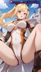 1girls :d ai_generated anime anime_style armor asian bangs black_footwear blonde_hair blue_sky blush bodysuit boots braid breasts bust busty castle cloud covered_navel darkness_(konosuba) day female female_focus female_only from_below green_eyes hair_ornament kono_subarashii_sekai_ni_shukufuku_wo! large_breasts legs leotard long_hair looking_at_viewer natsuyoru open_mouth outdoors pauldrons ponytail ribbon shoulder_armor sky smile solo solo_female spread_legs squat squatting thighs tongue tongue_out voluptuous voluptuous_female x_hair_ornament