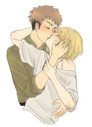 1femboy 2boys androgynous arm_around_neck arm_around_partner arm_around_shoulders arm_behind_back armin_arlert attack_on_titan bare_shoulders blank_background blush blushing_at_partner blushing_ears blushing_face blushing_male cute_male embrace embracing embracing_another embracing_each_other femboy fully_clothed gay gay_kissing grabbing grabbing_arm grabbing_face grabbing_head grabbing_hips grabbing_waist hand_in_hair jean_kirstein kissing large_shirt loose_clothes loose_shirt making_out male_focus male_only otoko_no_ko oversized_clothes oversized_clothing oversized_shirt oversized_topwear sequshi shingeki_no_kyojin simple_background twink white_background yaoi