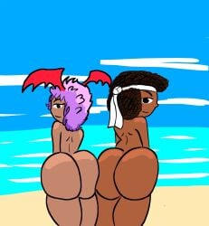 2girls ass ass_focus ass_to_ass beach big_ass bigoni black_hair capcom completely_nude completely_nude_female curly_hair dark-skinned_female dark_skin darkstalkers headband lilith_aensland nude nude_female ocean sakura_kasugano street_fighter succubus thick thick_ass thick_thighs wings