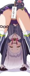 264_(user_ffyd3374) ass black_capelet blush brooch capelet cropped_shirt female gloves grey_hair hololive jewelry long_hair looking_at_viewer lowleg lowleg_skirt murasaki_shion murasaki_shion_(1st_costume) open_mouth orange_eyes panties pinstripe_pattern pinstripe_shirt shirt short_eyebrows skirt smug star_brooch striped_clothes striped_shirt thigh_strap thighhighs underwear vertical-striped_clothes vertical-striped_shirt virtual_youtuber white_background