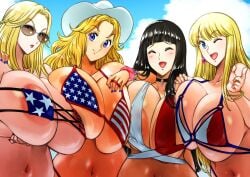 2023 2d_(artwork) 4girls american_flag_bikini belly_button big_breasts bikini black_hair_female blonde_hair_female bracelet closed_eyes collar cowboy_hat french_flag_bikini jpg kochikame kyugata light-skinned_female long_hair_female looking_at_viewer open_mouth outdoors sunglasses swimsuit waist