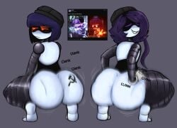 2girls annoyed big_ass clapping_ass clapping_cheeks crouching female_only lazycumlol looking_at_viewer looking_back murder_drones nori_(murder_drones) onomatopoeia purple_hair robot robot_girl squatting text twerking yeva_(murder_drones)