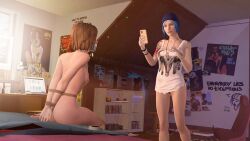 2024 2girls 3d 3d_(artwork) arms_behind_back ass bedroom bondage bondage bound breasts chloe_price dominant dominant_female domination female female_focus female_only forced from_behind gag human human_only life_is_strange light-skinned_female light_skin looking_at_another max_caulfield nude nude_female on_bed on_bottom photoshoot rope rope_bondage skyripe standing submissive submissive_female tape tape_gag thick_thighs