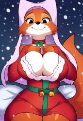 1girls ai_generated anthro big_breasts breasts christmas christmas_clothing christmas_outfit cleavage female female_only furry maid_marian nai_diffusion novelai robin_hood_(disney) self_upload sitting snow snowing solo solo_female weedvee420