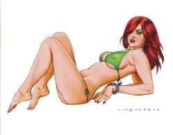 1girls big_breasts bikini breasts erect_nipples eyeshadow female green_eyeshadow joseph_michael_linsner nipples red_hair solo traditional_media_(artwork)