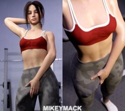 3d 3d_(artwork) brown_hair bulge bulge_through_clothing camo_print camouflage futa_only futanari gym mikeymack penis_outline small_breasts solo solo_futa tank_top