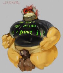 2025 aged_up anthro backwards_baseball_cap backwards_hat balls baseball_cap belly belly_overhang big_balls big_belly bodily_fluids bottomless bottomless_anthro bottomless_male bowser_jr. claws clothed clothing cum cum_drip dripping english_text erection eyebrows facial_hair foreskin genital_fluids genitals glans grey_background hair hat headgear headwear horn huge_balls huge_belly huge_moobs humanoid_genitalia humanoid_penis implied_incest koopa lactating lactating_through_clothing lewdhank looking_at_viewer male male_lactation male_only mario_bros milk moobs narrowed_eyes nintendo non-mammal_balls overweight overweight_anthro overweight_male penis scalie shirt signature simple_background smile solo spiked_balls spikes spikes_(anatomy) stubble t-shirt teeth text text_on_clothing text_on_shirt text_on_topwear thick_thighs topwear uncircumcised wet wet_clothing