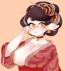 1girls big_breasts callie_(splatoon) choker cleavage earrings female female_only hair hair_ornament hair_tied hair_tied_back hair_tied_up inkling inkling_girl kimono large_breasts mole mole_under_eye nintendo nipples no_bra no_bra_under_clothes orange_eyes pointy_ears solo solo_female solo_focus splatoon tentacle tentacle_hair vespbee