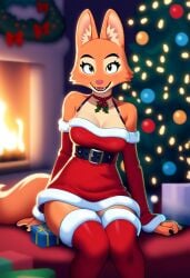 ai_generated anthro christmas christmas_outfit christmas_tree diane_foxington female female_only fireplace legwear nai_diffusion novelai self_upload the_bad_guys weedvee420