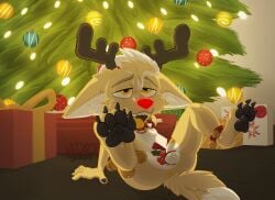 anthro antler_headband ass balls bedroom_eyes bell bell_collar big_ears bodily_fluids canid canine canis christmas christmas_clothing christmas_headwear clothing collar digital_media_(artwork) erection feet fennec_fox foot_focus fox genital_fluids genitals glowing glowing_nose hair half-closed_eyes headgear headwear hi_res hindpaw holidays holly_(plant) holly_on_penis male male/male mammal narrowed_eyes nikosita nude open_mouth pawpads paws penis penis_decoration plant precum presenting presenting_balls presenting_hindquarters red_nose seductive simple_background smile solo solo_focus tail true_fox