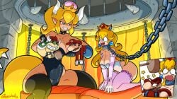 2girls armlet black_leotard black_thighhighs blonde_hair blue_eyes bondage bowser bowsette breasts chain_leash character_doll collar crown earrings elbow_gloves gloves gunshad hand_puppet happy horns large_breasts leotard long_hair mario mario_(series) nintendo pink_elbow_gloves pink_gloves pink_thighhighs pointy_ears ponytail princess_peach puppet puppets spiked_armlet spiked_collar super_crown tail thighhighs upset white_leotard