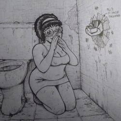 1girls abraham_romano big_hair crying female glasses glory_hole hair_band mafalda proposal toilet traditional_media_(artwork) wedding_ring