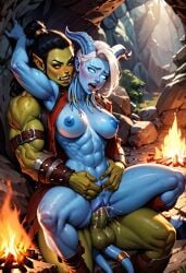 abs ai_garbage ai_generated blue_skin campfire cave dominant domination draenei draenei_female futanari green_skin hugging hugging_from_behind muscular muscular_futanari orc orc_female orc_futanari pussy_juice saliva warcraft white_hair world_of_warcraft wow zordilius