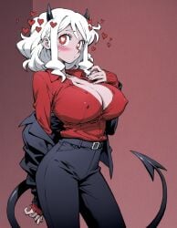 ai_generated blush cleavage covered_nipples demon_girl demon_horns demon_tail goonedoutp3rv heart heart-shaped_pupils helltaker horns jacket looking_at_viewer modeus_(helltaker) off_shoulder pants red_shirt removing_clothing removing_jacket shirt short_hair simple_background white_hair