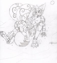 2girls anthro ass breasts bridge camo canine clothing crush cyborg dalthia destruction duo ear_piercing erima female fennec fey fox fur furry macro mammal mechancical monochrome nipples pants pawprint paws piercing swirls tiera_foxglove wolfsune